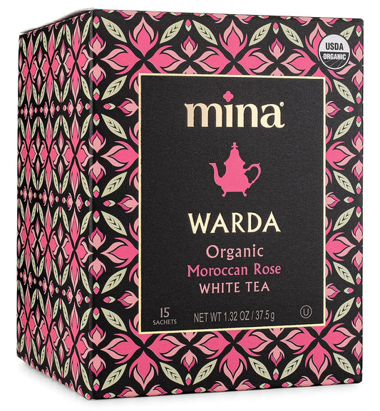 Mina Warda Organic Moroccan Rose White Tea, 15 Biodegradable Sachets - Rose Tea Bags, White Tea with Moroccan Rose Petals, Organic White Tea Bags, Low Caffeine Tea
