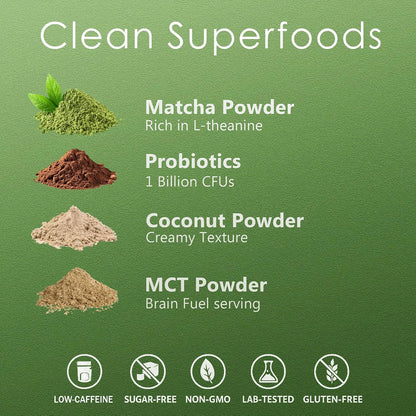 Mushroom Matcha Latte, Ceremonial Matcha Green Tea Powder with 14 Mushrooms, Probiotics and MCT Powder | Lion's Mane, Reishi & Chaga | Instant Latte Mix, Non-GMO, Vegan & Sugar-Free | 6.35 Oz