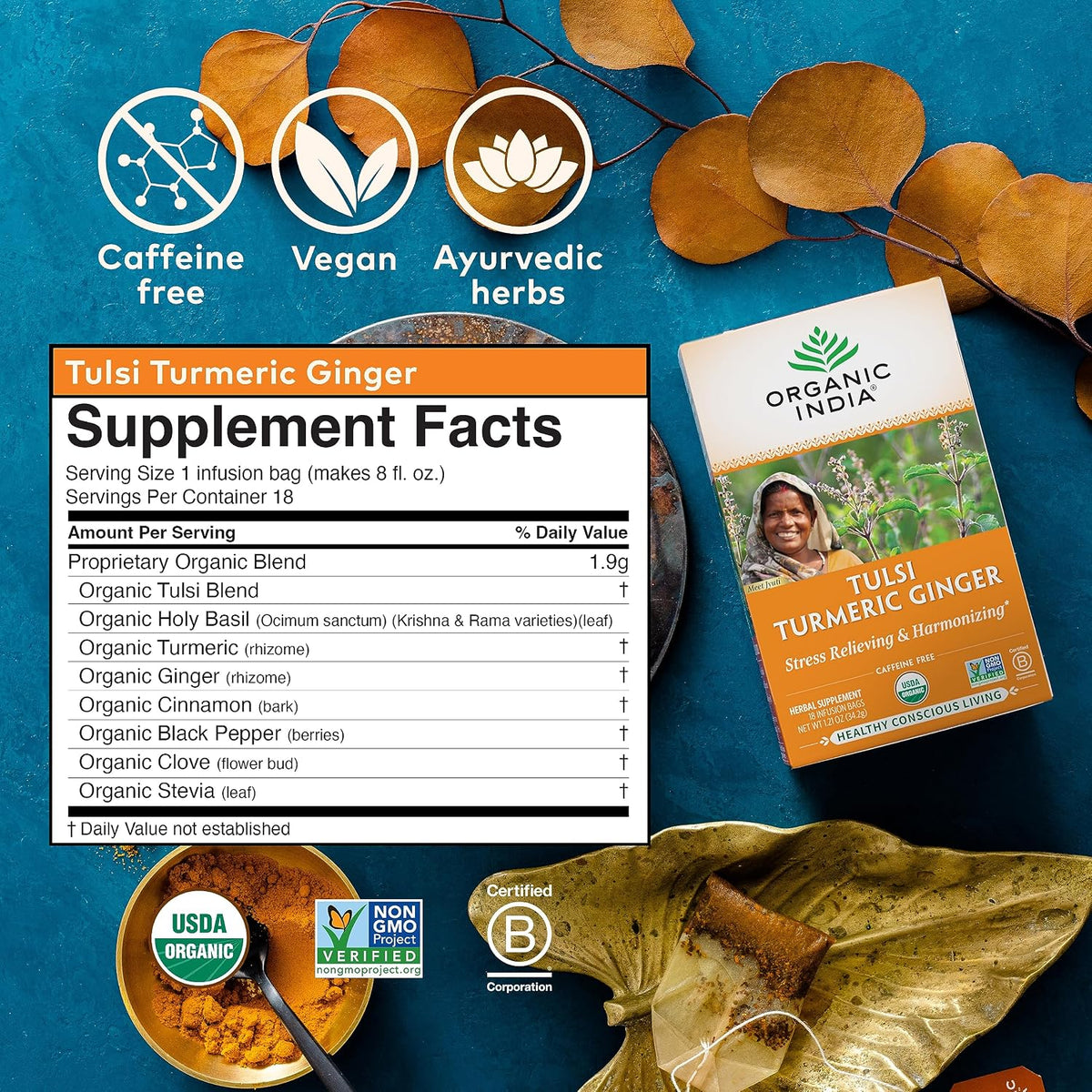 ORGANIC INDIA Tulsi Turmeric Ginger Herbal Tea, 18 Infusion Bags, 6 Pack