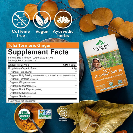 ORGANIC INDIA Tulsi Turmeric Ginger Herbal Tea, 18 Infusion Bags, 6 Pack