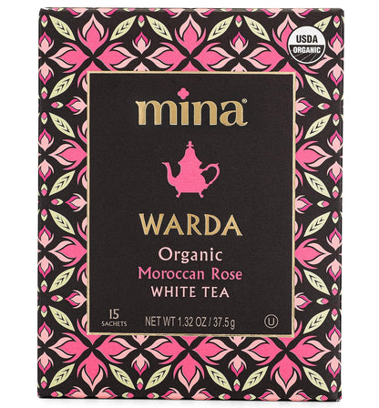 Mina Warda Organic Moroccan Rose White Tea, 15 Biodegradable Sachets - Rose Tea Bags, White Tea with Moroccan Rose Petals, Organic White Tea Bags, Low Caffeine Tea