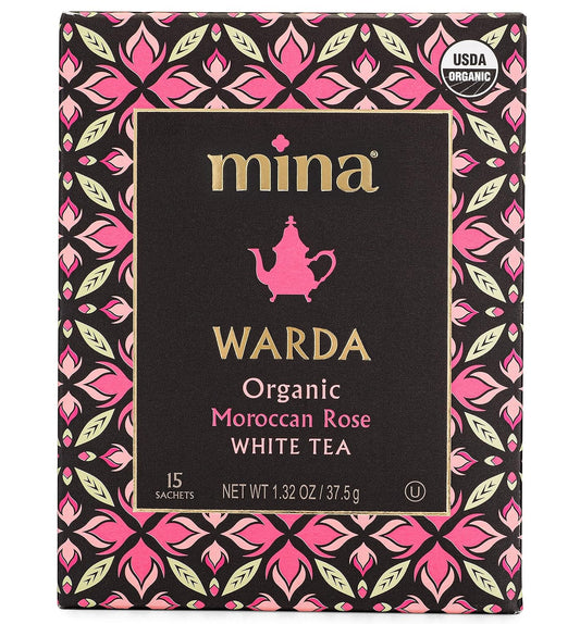 Mina Warda Organic Moroccan Rose White Tea, 15 Biodegradable Sachets - Rose Tea Bags, White Tea with Moroccan Rose Petals, Organic White Tea Bags, Low Caffeine Tea
