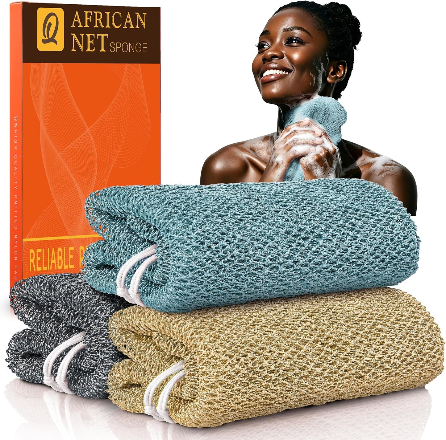 UJFQBH 3 Pieces African Bath Sponge African Net Long Net Bath Sponge Exfoliating Shower Body Scrubber Back Scrubber Skin Smoother,Great for Daily Use (Pink,Yellow,Purple)