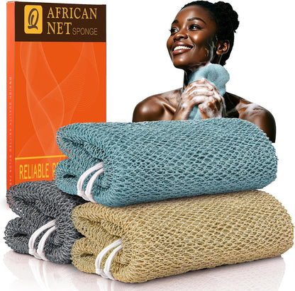 UJFQBH 3 Pieces African Bath Sponge African Net Long Net Bath Sponge Exfoliating Shower Body Scrubber Back Scrubber Skin Smoother,Great for Daily Use (Pink,Yellow,Purple)