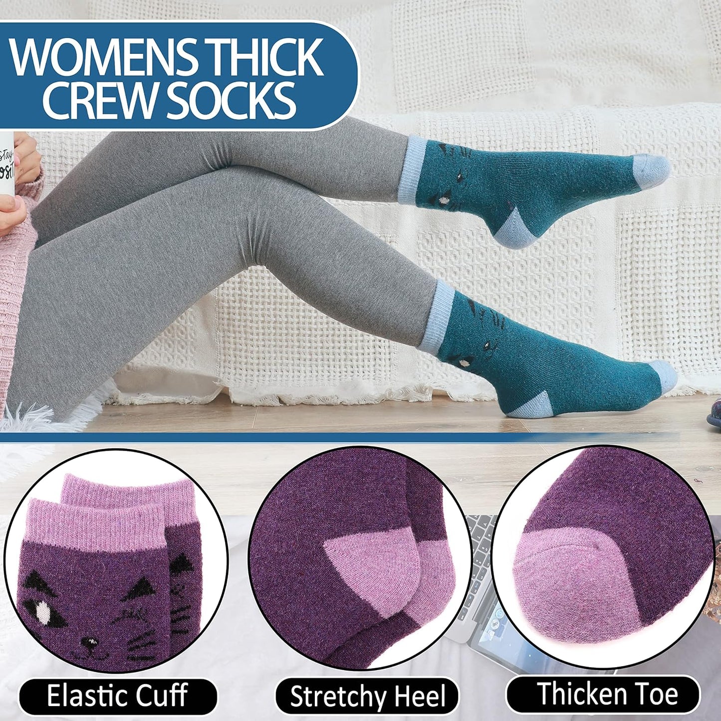 EBMORE Merino Wool Socks for Women Hiking Thermal Warm Winter Thick Boot Cozy Crew Comfy Work Socks for Ladies 5 Pairs