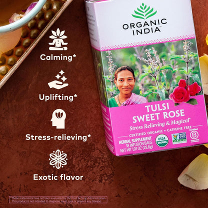 ORGANIC INDIA Tulsi Sweet Rose Herbal Tea, 18 Infusion Bags, 6 Pack