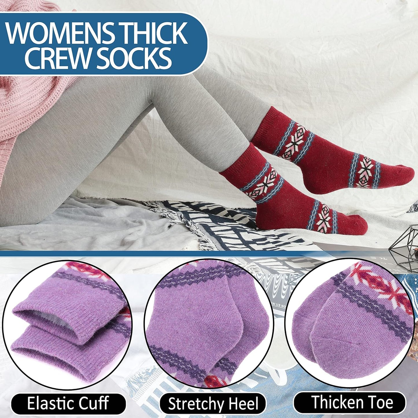 EBMORE Merino Wool Socks for Women Hiking Thermal Warm Winter Thick Boot Cozy Crew Comfy Work Socks for Ladies 5 Pairs