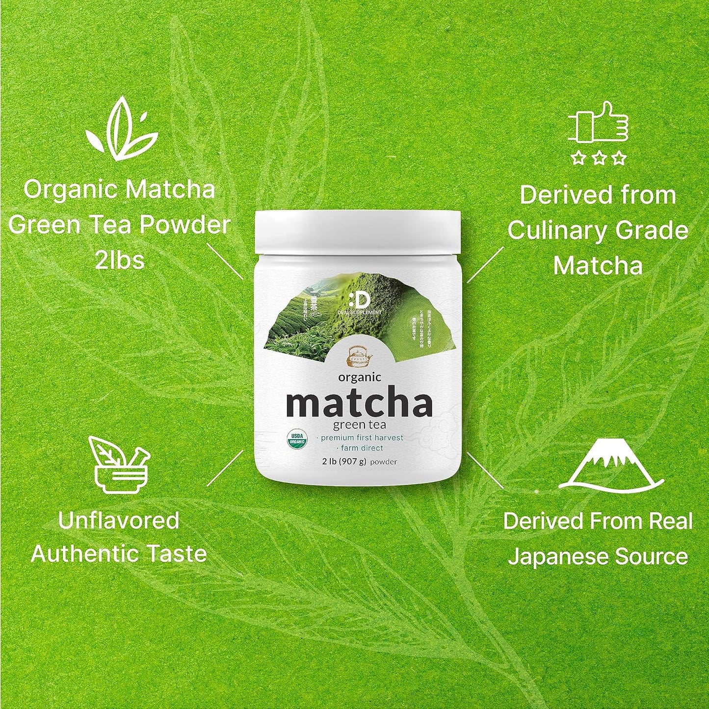 Organic Matcha Green Tea Powder, 2 lb (907g) | First Harvest, Culinary Grade | Japanese Sourced Cafe Mix | Zero Sugar, Keto Friendly, Non-GMO, Vegetarian